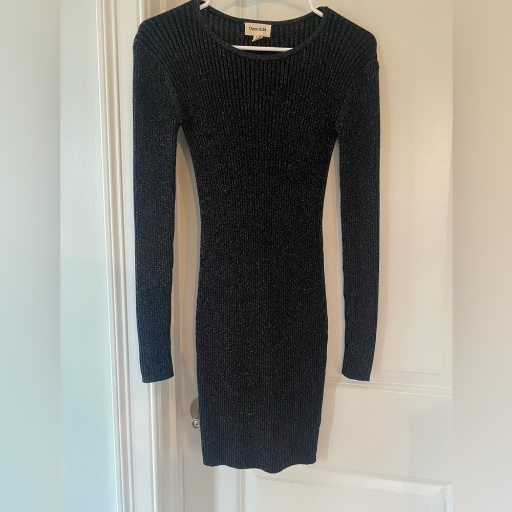 Open Edit Black with Silver Sparkles Ribbed Sweater Dress - Size XXS